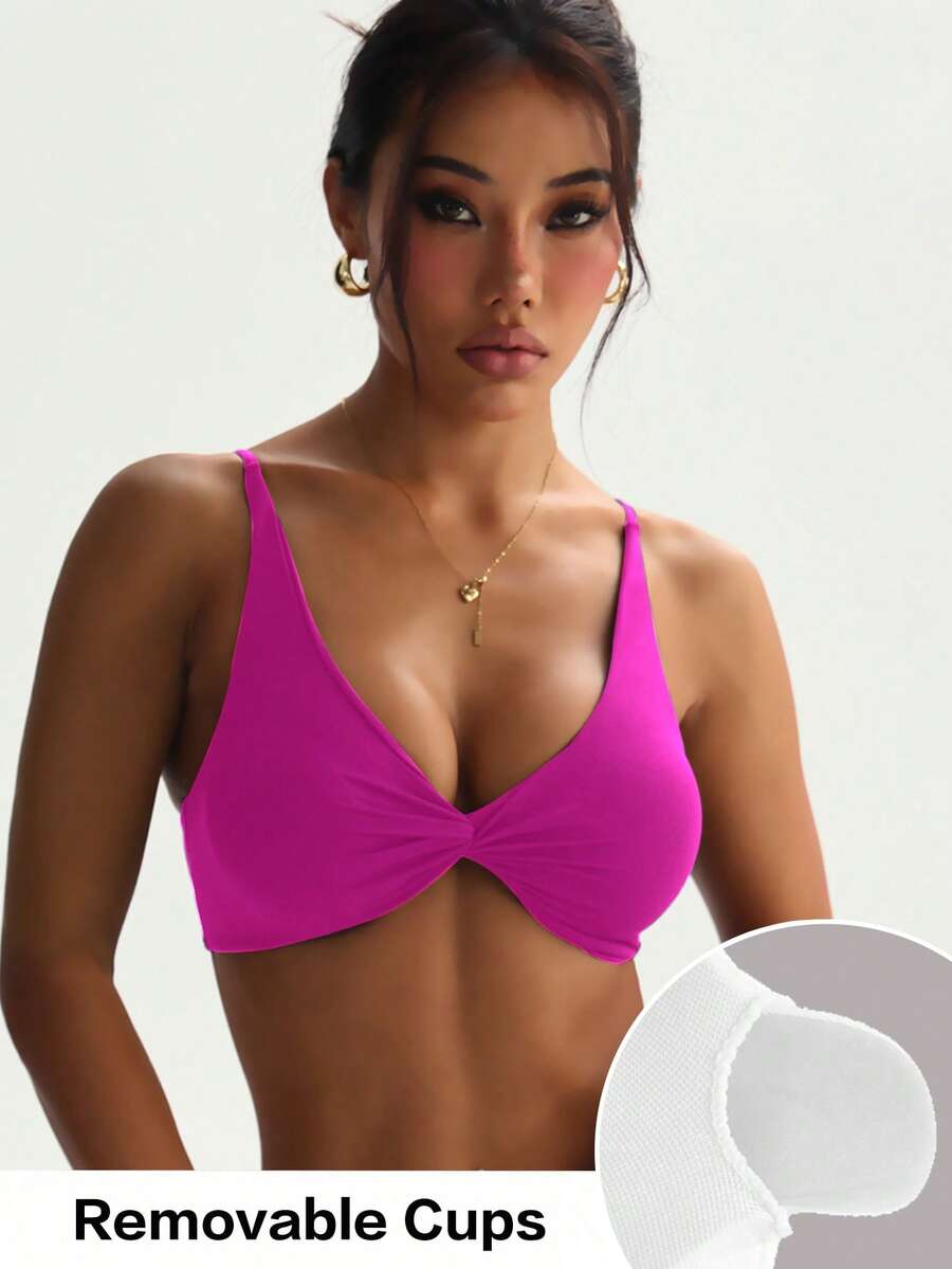Women's Black Removable Padded Twist Front Sports Bra - Hot Pink - View 1
