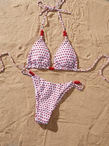 PEPPERMOLLY 2026春夏女士吊带抹胸泳衣套装，黄色底色搭配随机灰色波点印花，可爱侧开衩泳裤，两件式泳衣。2026新款时尚红白波点比基尼套装，串珠饰边设计，撞色拼接，提升夏日海滩自信，吊带+高腰泳裤，适合游泳派对和度假。 - 紅色 - 查看 7