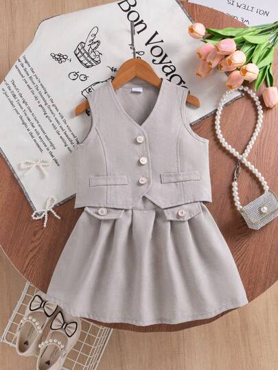 Young Girl Summer Suit Vest Jacket With Single Row Rose Buttons Paired With Fashionable Pleated Skirt, 2 Pieces Outfit Suitable For Daily, Outdoor, School, Commute, And Gatherings