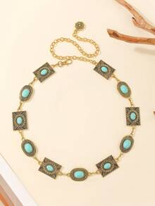 1 pieza Cadena de cintura de estilo vintage occidental boho con flor tallada en metal para mujer, casual y de moda - Oro A - Ver 9