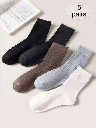 5 pares de calcetines casuales y de negocios de media pantorrilla, de diseño acanalado simple y de unicolor, suaves y cómodos, adecuados para uso diario