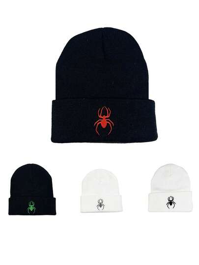 1pc Spider Pattern Knitted Hat, Black & White Basic Elastic Beanie, Suitable For Outdoor Warmth, Winter Cap