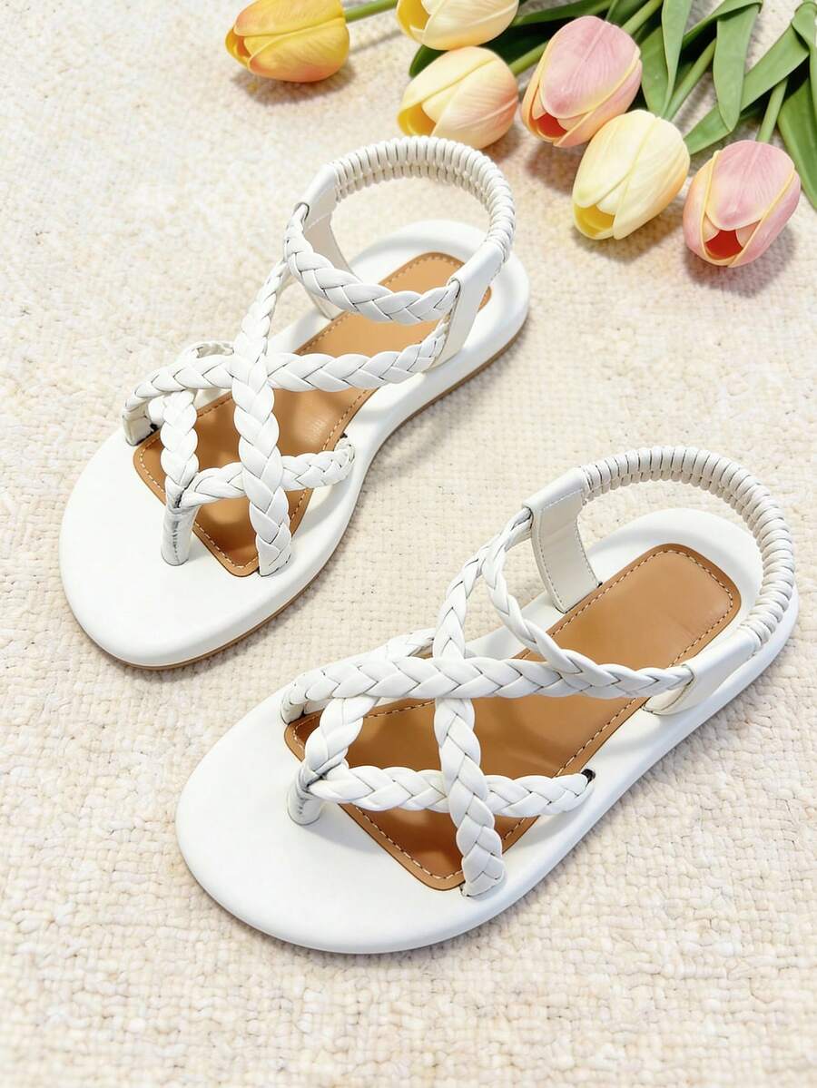 1 Pair Fashion Children's Sandals, Boys & Girls Flat Thong Sandals With Woven Strap Design, Stylish & Comfortable, Wear-Resistant & Non-Slip, Suitable For Casual Daily Wear, Vacation, Outings And Gatherings, Summer Bestselling Sandals. - Beige - View 1