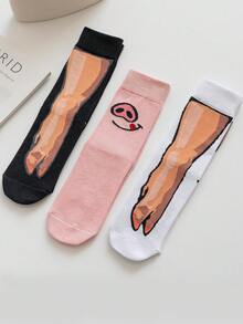 3 Pairs Unisex Pig Paw Design Mid-Calf Socks, Cute Animal Print Novelty Socks - Multicolor - View 7