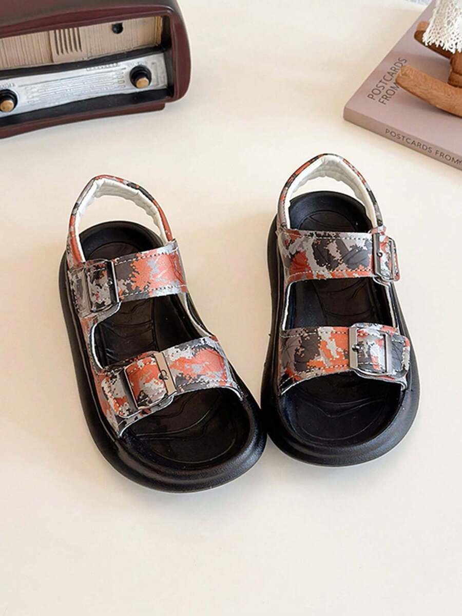 1 Pair Kids Camouflage Hook And Loop Sandals, Summer Open Toe Thick Sole Casual Fashion Children Beach Shoes - Burnt Orange - View 1