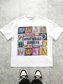 Tween Girl Cotten Clothes,Y2K-Inspired Letter Print T-Shirt - Casual Crew Neck, Short Sleeve, Machine Washable - Perfect For Spring/Summer/Fall,Fashion, Streetwear, Unisex, Men, Women - 白色 - 查看 1