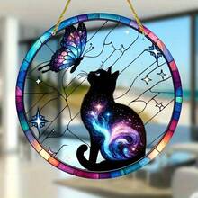 1PC Starry Sky Cat And Butterfly Pattern Sun Catcher, Acrylic Stained Glass Window Hanging Ornament, Perfect For Indoor/Outdoor Decoration, Suitable For Porches, Patios, Gardens, Offices, And Rooms - An Ideal Birthday Gift For Friends And Family. - Multicolor - View 6
