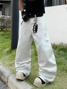 1件 Justice Brother 高端牛仔裤，休闲宽松阔腿裤，水洗效果 - 白色 - 查看 8