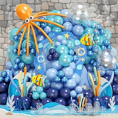 135pcs Ocean Theme Balloon Arch Set, Includes Bubble Fish Foil Balloons, Dark Blue, Light Blue, Clear, Orange, Metallic Blue And Eye-Shaped Latex Balloons. Suitable For Birthday Party, Baby Shower, 1st Birthday Party And Cartoon Underwater World Theme Party Decoration.