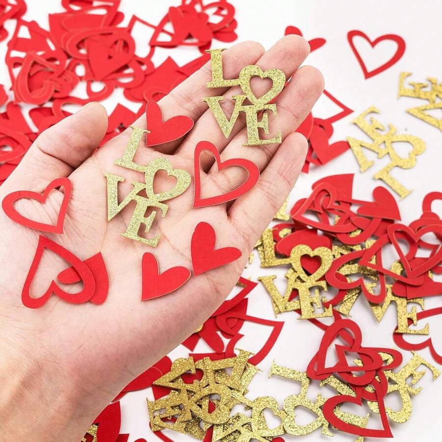 100pcs Red Heart + Gold Glitter LOVE Letter Confetti, Table Decor For Valentine's Day, Weddings & Parties, Romantic Proposal & Birthday Decoration Sprinkles - Multicolor - View 1