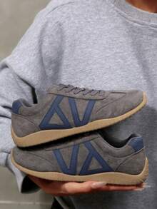 女士时尚滑板鞋，多色条纹拼接系带低帮厚底运动鞋，休闲百搭户外运动鞋 - 藍色 - 查看 5