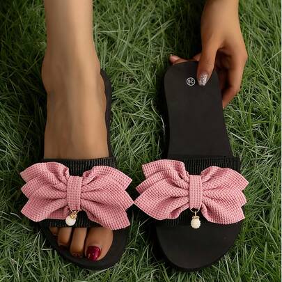 Dép xăng đan nữ màu trơn, kiểu dáng slip-on đế xuồng trang trí nơ, dép đế xuồng chống trơn trượt thích hợp cho kỳ nghỉ.
