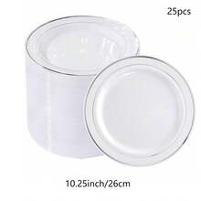 25个（7.5英寸/10.25英寸）多尺寸白色圆形双圈金色边盘水果沙拉盘，可重复使用且可清洗，适用于婚礼、派对、宴会、情人节、感恩节和圣诞节等场合，宴会餐具，派对餐盘，节日设计，时尚服务，可重复使用餐具，易于清洁，盛菜盘，餐饮服务，派对组织者