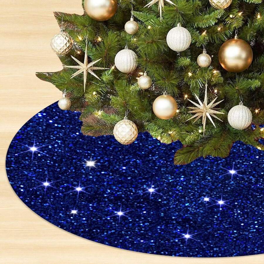 Falda de árbol de Navidad azul de 36 pulgadas con lentejuelas de terciopelo brillantes y collar de purpurina para árbol de lápiz y decoraciones azules de Navidad - Blanco - Ver 1