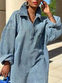 GLOURI Date Night Outfit, Gifts For Her Women's Simple, Fashionable, Versatile Denim Dress With A Lapel And Loose Fit - 藍色 - 查看 4
