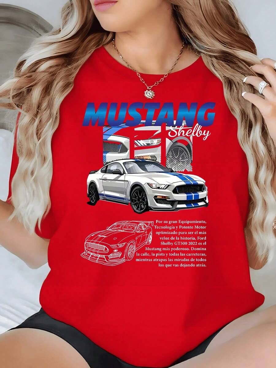 Mustang Shelby GT500 Sports Car On An Urban Background Conveying Speed, Power And Spirit Of Freedom. Women's T-Shirt, 100% Cotton - 紅色 - 查看 1