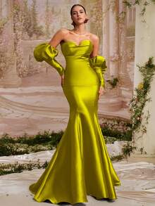 VIPGIRL Elegant Mustard Yellow Off-Shoulder Puff Sleeve Maxi Fishtail Dress, Satin Formal Evening Gown, Women's Fashion Party Dress, Women's Formal Evening Dress, Fast Shipping Item - View 5