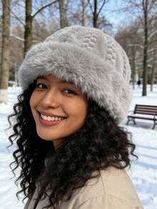 1顶新款仿毛皮压花高档渔夫帽/针织帽，女士冬季时尚保暖防风帽，日常穿着度假装扮的理想礼物 - A - 查看 16