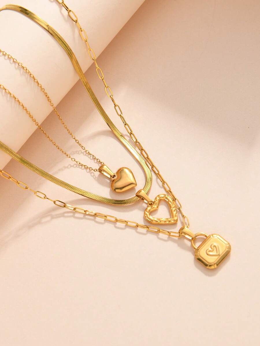20226 Spring New Heart,Lock Necklace Jewelry Sets For Women ,Mom,Valentine's Day ,Mother's Day ,Sister ,Best Friend Gifts - Gold - View 1