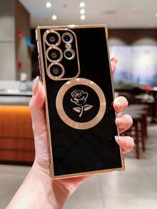 Magnetic Luxury Black & Gold Rose Design Phone Case - Compatible With Samsung & Compatible With IPhone - Black - View 7