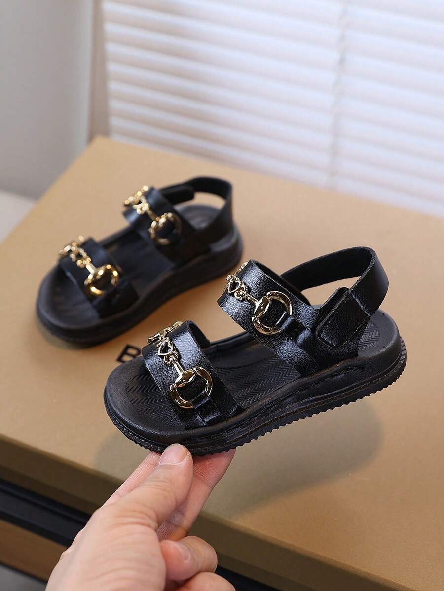 1 Pair Children's Spring New Beach Sandals, Soft Bottom Fashion Versatile Outdoor Non-Slip Flat Beach Sandals For Little Girls - Black - View 1