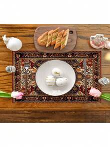 4 件装亚麻质感餐垫 - 波西米亚艺术设计，可手洗，长方形餐桌垫，适用于家居和厨房装饰，隔热