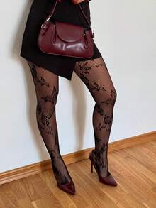 1件装女士加大码渔网袜，法式复古玫瑰花卉蕾丝提花长筒袜，性感优雅朋克风渔网连裤袜，适合度假、派对、晚宴等场合。 - 黑色蝴蝶玫瑰花 - 查看 7