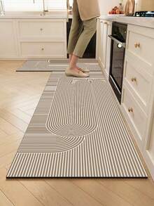 1pc Silica Gel Kitchen Mat With Abstract Geometric Pattern In White Lines, Including Arcs And Circles, Presenting A Minimalist Japanese Wabi-Sabi Style, Luxury Fashion Kitchen Mat With Cushion And Anti-Fatigue, Surface Fabric Material, Middle Sponge Absorbent Material, Bottom Rubber Material Non-Slip And Easy To Clean Kitchen Rug