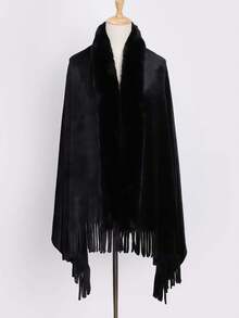 1pc Winter New Fashion Warm Fuzzy Shawl, Solid Color Soft Skin-Friendly Versatile Wide Tassel Everyday Wrap - Black - View 1