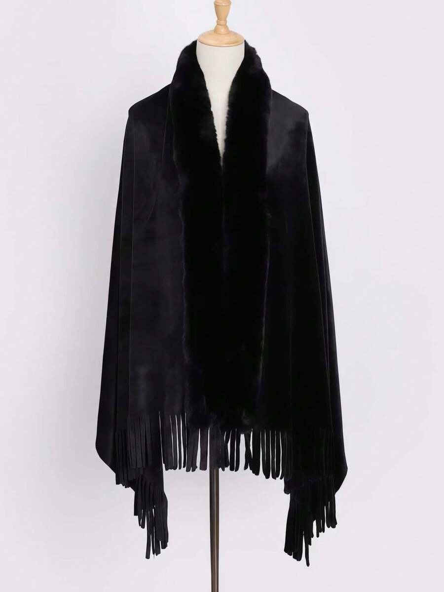 1pc Winter New Fashion Warm Fuzzy Shawl, Solid Color Soft Skin-Friendly Versatile Wide Tassel Everyday Wrap - Black - View 1