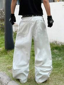 1件 Justice Brother 高端牛仔裤，休闲宽松阔腿裤，水洗效果 - 白色 - 查看 2