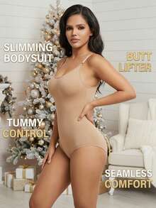 1件装女士无缝无袖V领连体衣，收腹提臀，高弹力 - 杏色 - 查看 6