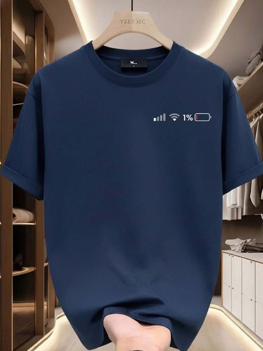 Men's T-Shirt With Stylish Low Battery Print - Stylish Navy Blue T-Shirt For Gym, Streetwear And Casual Looks, Breathable Crew Neck, Summer Workout Top, Durable Material, Short Sleeve, Ideal For Fitness Enthusiasts - Màu xanh hải quân - Xem 1