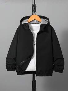 Boys' Mesh Patchwork Hooded Windbreaker Jacket, Versatile Casual Comfortable Breathable Outerwear For Spring, Summer & Autumn - Black - View 1