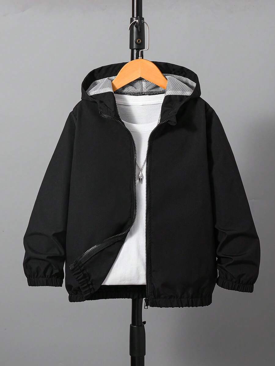 Boys' Mesh Patchwork Hooded Windbreaker Jacket, Versatile Casual Comfortable Breathable Outerwear For Spring, Summer & Autumn - Black - View 1