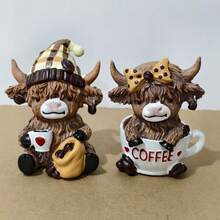 1/2pcs Coffee Highland Cow Figurine, 3D Highland Cow Statue, Farm Cow Decor, Seasonal Holiday Decoration For Christmas, Thanksgiving, Valentine's Day, Gift For Cow Lovers, Coffee Shop Decor, Cute Animal Design - Multicolor - View 11