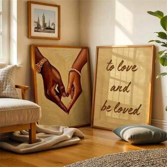 1/2pcs "To Love And Be Loved" Black Couple Holding Hands Heart Style Romantic Canvas Poster Valentine Love Quote Wall Art Print Minimalist Aesthetic Dopamine Decor Painting For Apartment,Living Room,Bedroom,Modern Home Decoration Optional Frame
