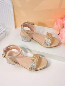 New Arrival! Girls' Gold Sequin High Heel Sandals, Transparent Square Heel Princess Shoes, Non-Slip Strap - Gold - View 4