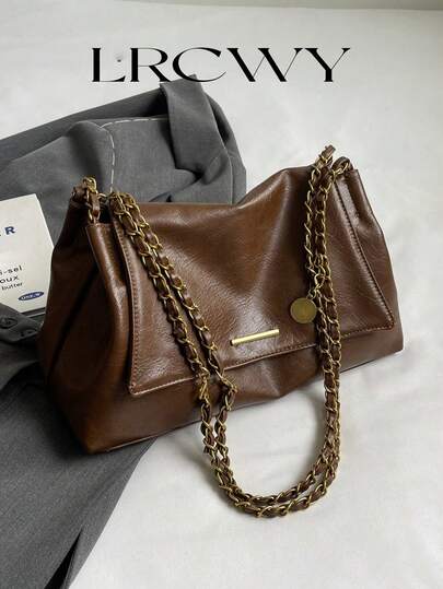 حقيبة كتف للنساء، حقيبة غطاء رفرفة ناعمة، مصنوعة من المخمل المخملي المطفي من البولي يوريثان المقلد، موضة خريف/شتاء أنيقة عتيقة بسيطة، تصميم معدني للأجزاء المعدنية والسلسلة، مناسبة للنساء والفتيات وطلاب الجامعة، مناسبة للتسوق والتنقل، باللون البني الداكن