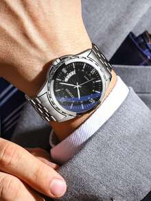 1pc Circular Calendar Luminous Quartz Stainless Steel Band Casual Business Men's Watch - one-size - View 9