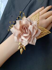 1 Wrist Corsage + 1 Champagne Rose Flower Brooch, Artificial Flower Decoration For Wedding Bride, Groom, Bridesmaid, Groomsman, Party, Daily Wear - A - View 8