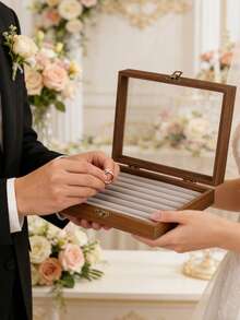 1个带透明盖的大号木质首饰盒，带锁首饰展示盒，大容量首饰托盘，适用于耳环、项链、戒指、吊坠、手镯、珠宝、化妆品、指甲油、口红、手表等——送给女性的绝佳礼物