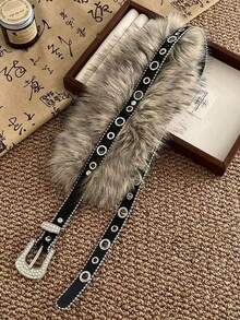 1 chiếc thắt lưng nữ đính đá và lông giả, thắt lưng lông bóng, thắt lưng gợi cảm kiểu Y2K đa năng với khóa ghim và khoen kim loại. - Màu Đen Súng - Xem 7