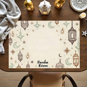 4pcs Ramadan Themed Placemats, Beige Tone With Minimalist Elegant Moon Lantern & Star Patterns, Suitable For Gatherings, Dining And Holiday Decor. Size: 30x45cm, Applicable For Home Decor, Holiday Table Decor, Farmhouse Style Decor, Washable, Durable Material, Holiday Table Decor, And Home Entertainment.