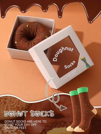 1 双甜甜圈设计男士袜子，适合日常生活和户外运动，秋冬季优质厚女士袜子，可爱的甜甜圈礼盒包装，几何食物图案中筒袜，独特的节日礼物披萨盒套装设计，适合万圣节/圣诞节/生日派对/周年纪念日和各种节日创意礼物