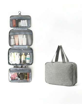 Hängande 4-faldig vattentät sminkväska, stor kapacitet multifunktionell organizer-påse med separata fack och krok
