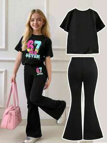 Tween Girl Numeric Print Short Sleeve Top And Skinny Flare Pants Set - Black - View 2