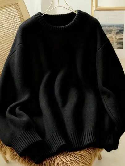 كنزة صوفية محبوكة لون أسود ناعمة ودافئة للنساء، ملابس كاجوال للخريف