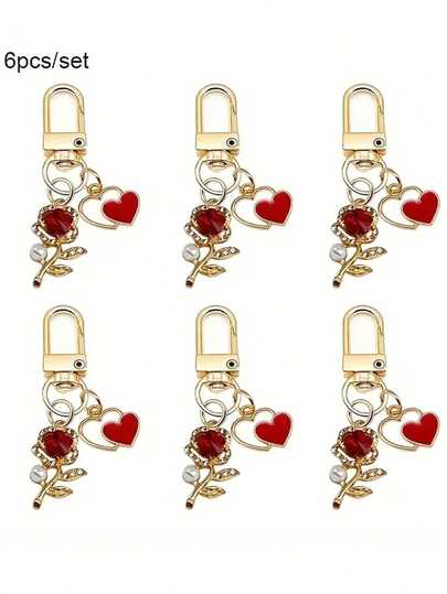 6pcs/Set Romantic Red Rose Rhinestone Couple Keychain, Hollow Double Heart Decor Accessory For Bag, Key, Valentine's Day Gift