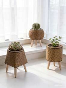 1pc Minimalist Flower Stand, Wooden Floor-Standing Planter Rack For Living Room, Balcony, Rattan Decor, Lightweight Luxury Flower Pot Holder - Multicolor - View 4